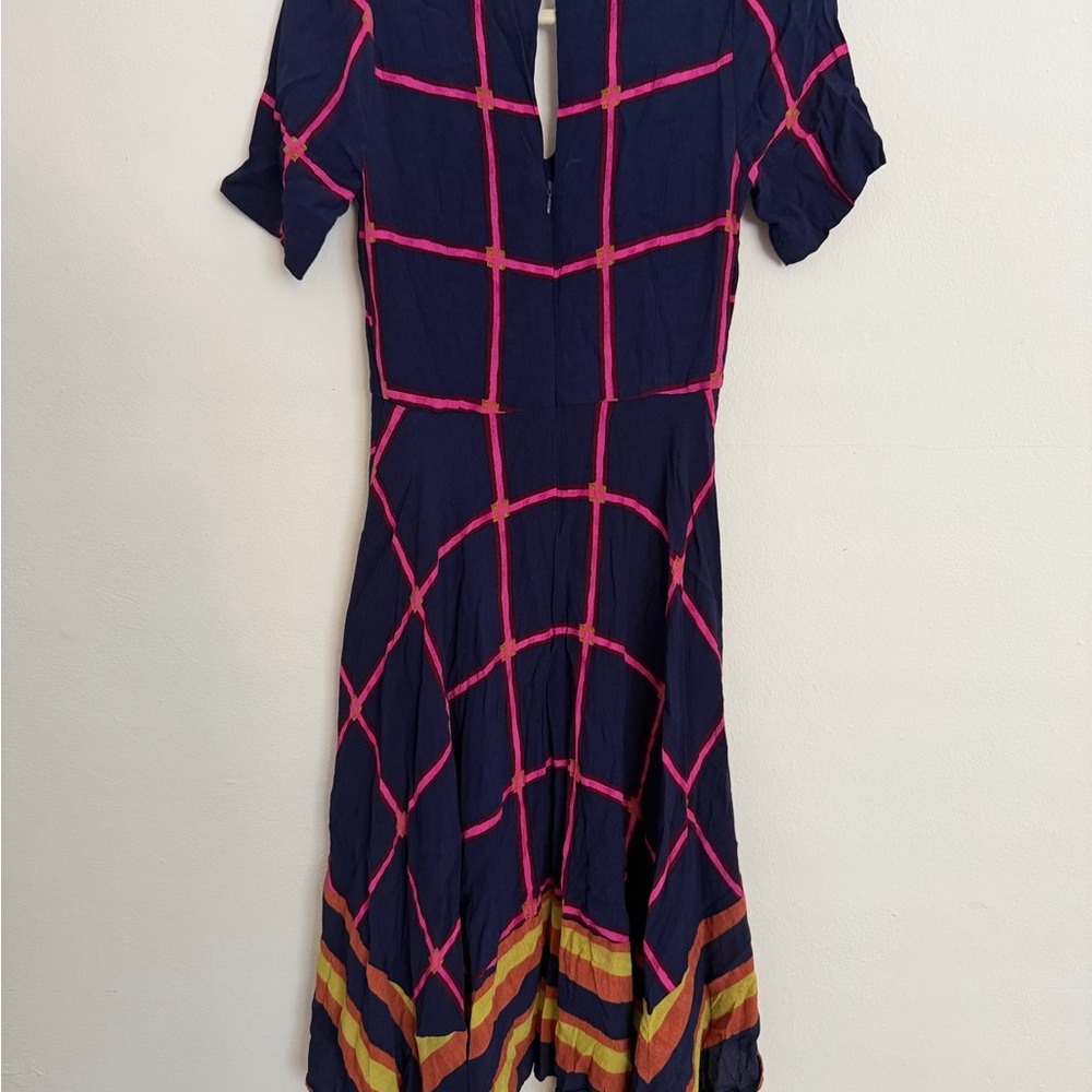 HD in Paris Navy & Pink Grid Midi Dress with Multicolor Hem